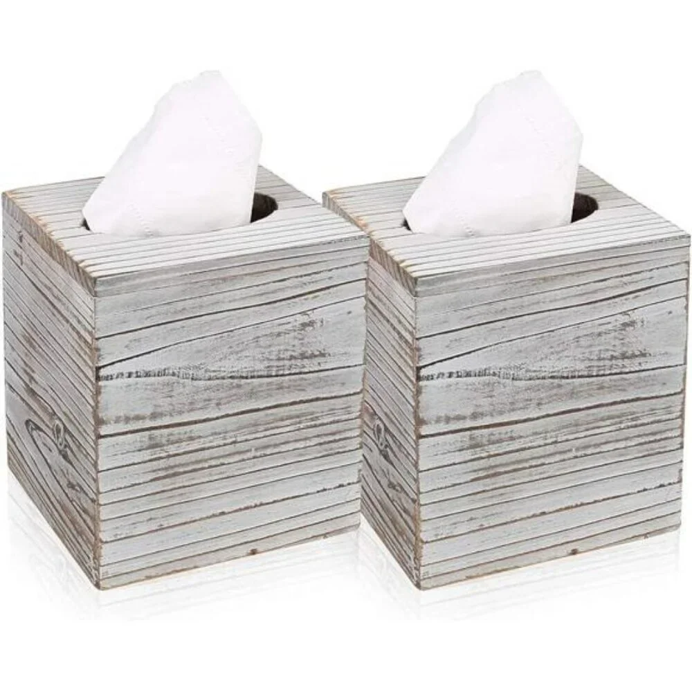 Wood square tissue box cover set of 2 decorative holder for bathroom bedroom off